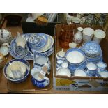 Blue and white willow pattern tea wares, coloured glass water jug,