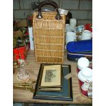 A Wicker picnic basket, two coloured prints, one other a jewellery mannequin and a hearth rug.