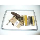 Nine assorted pocket knives and a vintage corkscrew with a turned wooden handle.