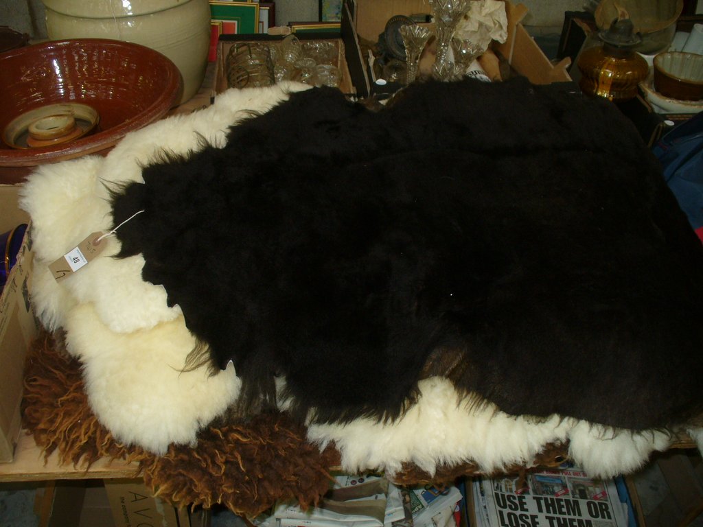 Seven assorted sheepskin rugs.