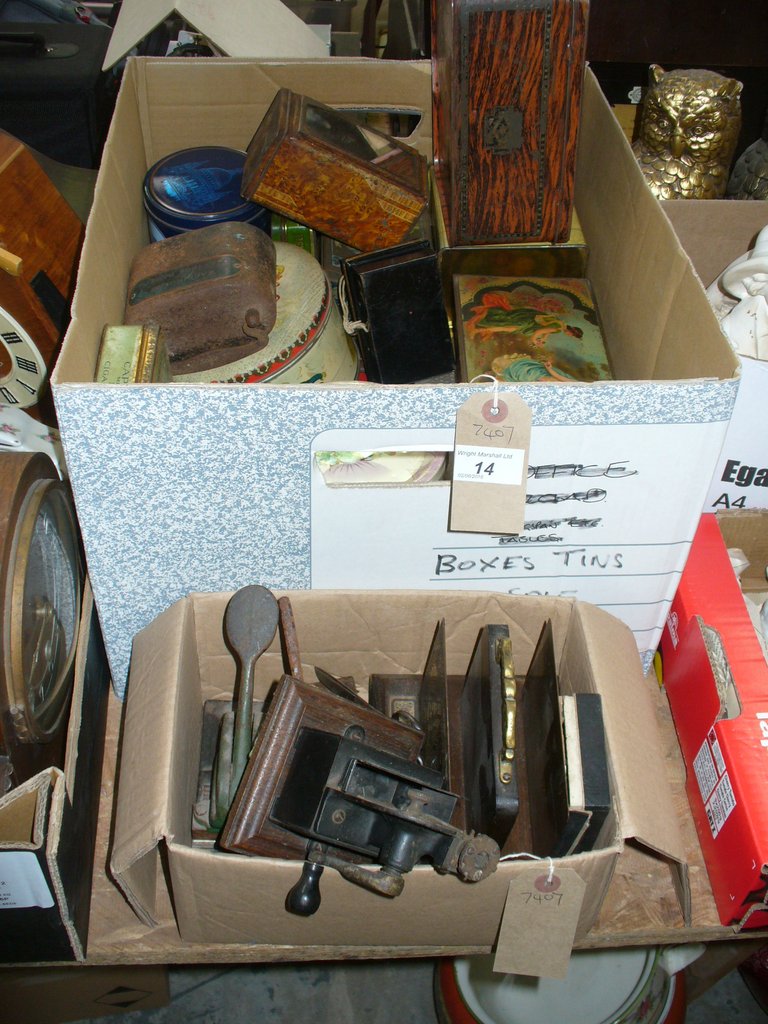 A Collection of old tins including a vintage tin lunch box, " Capstan " , cigar box and others,