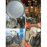 A Qty of plated and assorted metal ware, tea pots and tea wares,