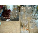 Six ruby glass and gilt overlaid goblets, cut glass decanter, a tapering heavy glass vase,