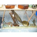 A 19th Century brass fire fender, brass warming pan ,