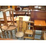 An Oak plant stand , child's beech high chair, spinning chair,