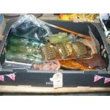 A Box of sundry items, old glass bottles , Dinky die cast tank, wall hanging letter rack, shoe horn,