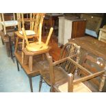 Two oak ladder back chairs , wheel back chair, pine kitchen and three assorted stools.