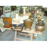 A Stained wooden wall cabinet, hanging brush and barometer set,