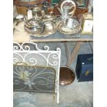 A Semi lobed four piece plated tea set, egg cruet, pewter coffee pot, quartz carriage clock,