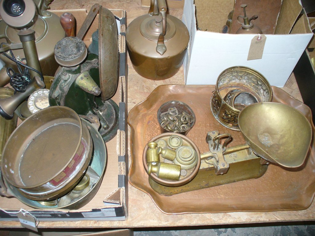 A Qty of brass , plated and copper ware including Victorian copper kettles, dial column telephone,