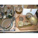 A Qty of brass , plated and copper ware including Victorian copper kettles, dial column telephone,