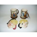 A Pair of Royal Doulton style art deco wall masks and a pair of Beswick collectors tankards.