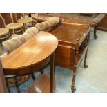 A Mahogany drop leaf serving trolley and a demi lune two tier hall table.