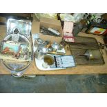 A Picquot Ware 3 piece tea set, a silver plated 2 handled tray , plate mounted glass sugar caster ,