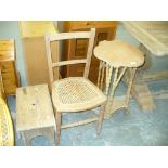 A Rustic pine stool, beech bedroom chair and a simulated bamboo occasional table.