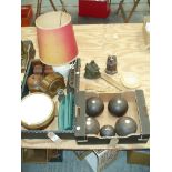 Assorted wooden items, book ends, pipe rack, folding rulers, four crown green bowls and a jack,