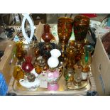 A Collection of Victorian amber glass and other assorted oil lamps to a tray ( approx.