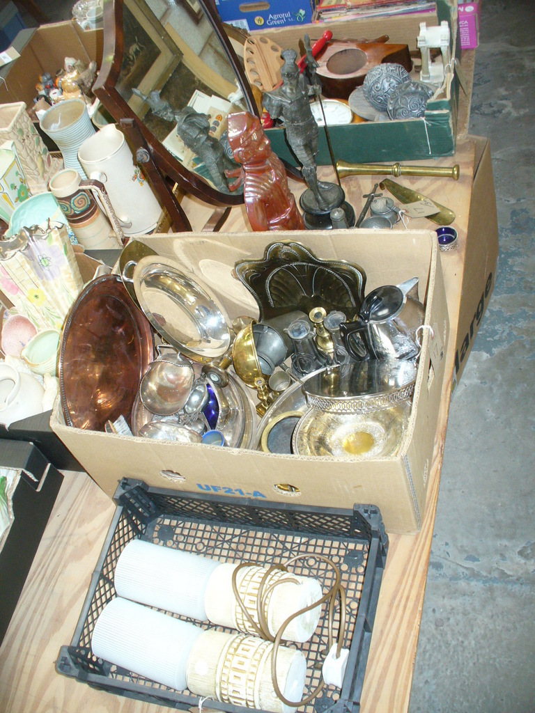 A Pair of 1960's /70's table lamps, a box of plate and brass ware,