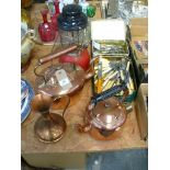 A Victorian copper kettle, an early electric copper kettle, loose cutlery, lamp, etc.