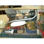 Assorted metal ware, vintage Avery shop scales, skellet, trap lamp, wall light fittings,