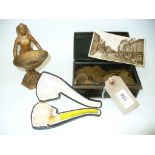 A Collection of coins to a Japanned cash box, a meerschaum pipe, a gilt metal Egyptian figure, qty.