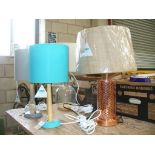 Four modern table lamps, a glass bottle shaped lamp ,