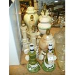 3 Alabaster column table lamps, vase table lamps and other assorted lamps.