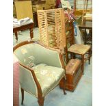 A Rush seated ladder back chair, clothes airer, plate rack, sewing machine, L/loom linen box,