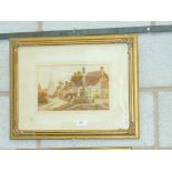 British School, 20th Century 'Childswickham square' Depicting figures before thatched buildings,