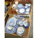 Blue and white willow pattern tea wares, coloured glass water jug,