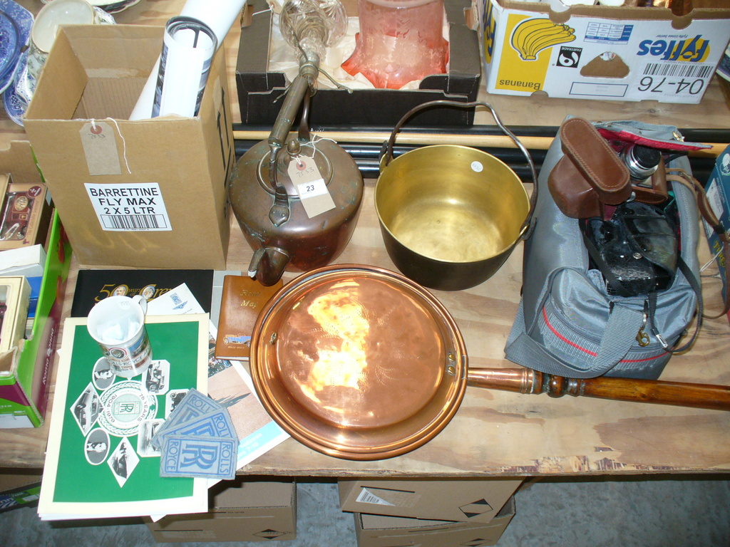 A Victorian copper kettle, brass skellet, copper warming pan ,