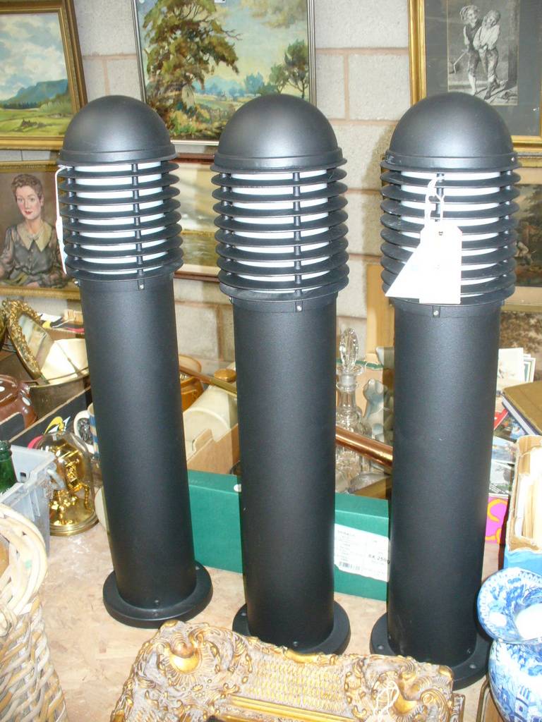 A Pair of black cylindrical outdoor column lamps.