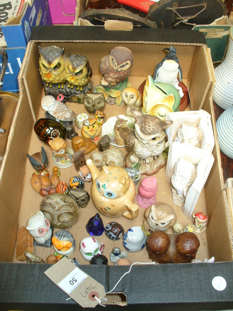 A Collection of owl figures to a box.