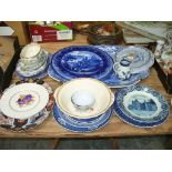 A Qty of blue and white ceramics including an earthenware landscape meat plate,