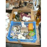 2 Trays of sundry items, old glass bottles, assorted costume jewellery and boxes, qty.