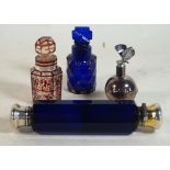 A Bristol blue and silver-plated doubled capped perfume bottle Length 14cm,