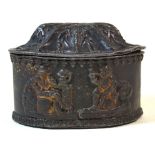 A 19th century led tobacco jar and cover Of oval form, relief decorated with tavern scenes,