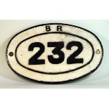 A British Railways oval iron plaque Numbered 232 B R,