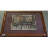 An indistinctly signed lithograph print depicting figures in a street scene.