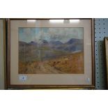 Furber Rigby watercolour depicting sheep grazing in landscape scene.