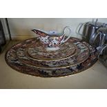 Six pieces of Royal Crown Derby Imari decorated dinnerware, to include oval meat plates,