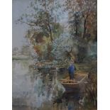 An unsigned watercolour depicting a boy fishing in river landscape scene.