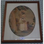 A Victorian silk work tapestry panel Depicting a lady wearing a bonnet hat,