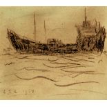 Attributed to Laurence Stephen Lowry RA (British, 1887-1976) - 'Trawler' Pencil and crayon sketch,