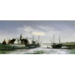 Roland Norman Folland (1932-1999) - 'Harbour Scene' Oil on canvas, signed, approx 48x104cm, framed.