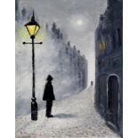 Reg Mummery (British, 20th Century)- 'Street Scene by Lamp Light' Oil on canvas, signed,