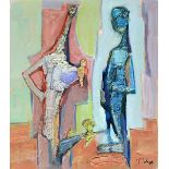Tadeusz Was (Polish, 1912-2005) - 'Two Standing Abstract Figures' Mixed media on card, signed,