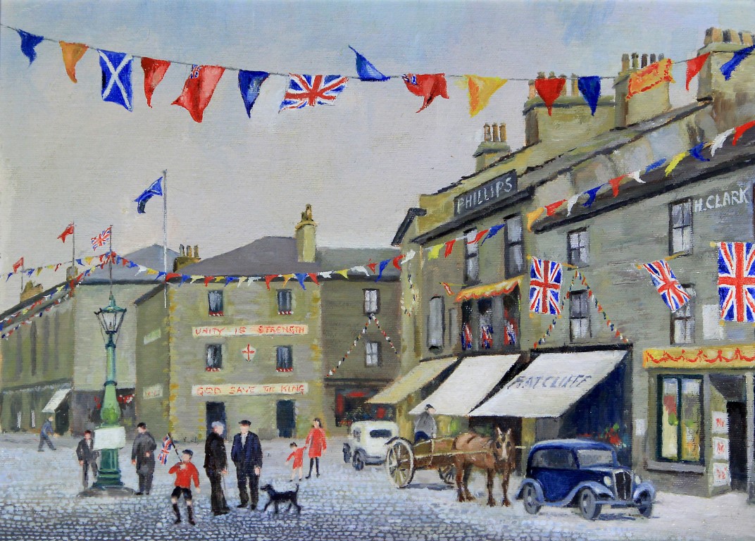 Lizzie Kirby (British, 1901-1998) - 'Street Scene with Bunting' Oil on board, approx 30x40cm,