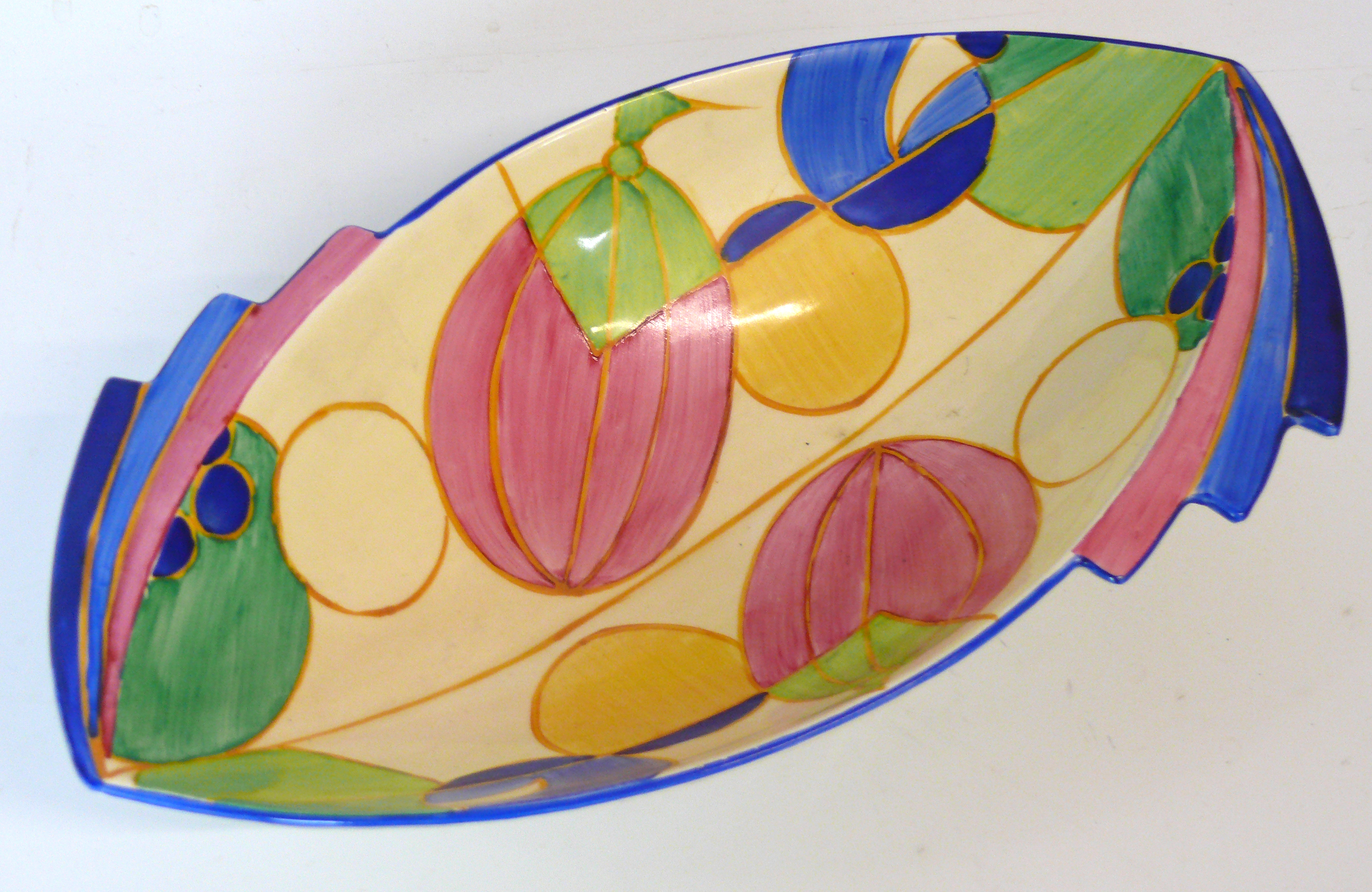 A Clarice Cliff Art Deco bowl of oval form Decorated in the 'Pastel Melons' Picasso fruit pattern,