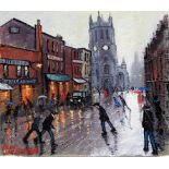 James Downie (British, 20th Century)- 'Rainy Street Scene' Oil on canvas, signed,